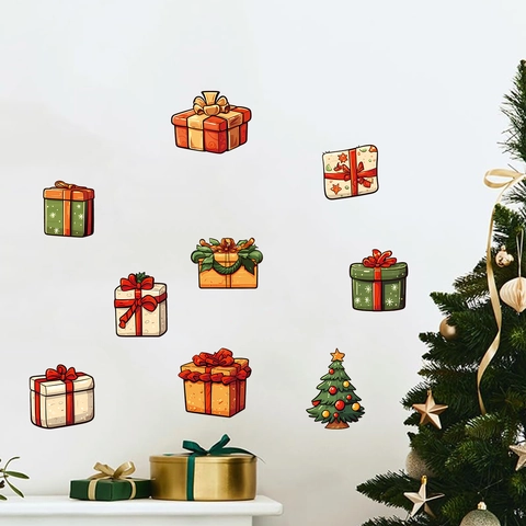 Weihnachts Wandaufkleber PVC Abnehmbare Cartoon Geschenkbox Und Baum Aufkleber Für Feiertag Fenster Haus Dekoration