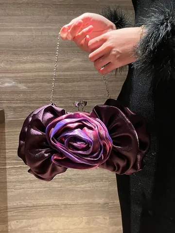 Women Evening Clutch Bag Rose Flower Stereoscopic Satin Satin Metal Chain Strap Elegant Party Wedding Handbag