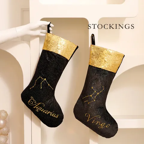 Black Gold Constellation Christmas Stocking With Sequin Cuff Flannel Embroidered Holiday Hanging Decor