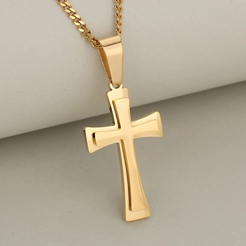 Stainless Steel Cross Necklace Double Layered 3D Pendant Minimalist Fashion Religious Jewelry For Men Women Non Fading