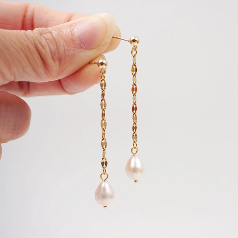 Freshwater Pearl Long Drop Earrings With Silver Earring Post Stainless Steel Lips Chain Minimalist Elegant For Women