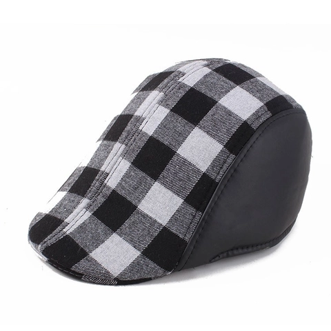 Retro Britse Ruit Platte Pet Voor Heren Vintage Geruite Duckbill Hoed Met PU Leer Splicing Winter Warme Baret Newsboy Cap