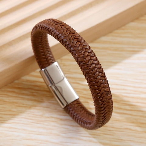 Bracciale In Pelle Intrecciata A Mano Con Chiusura Magnetica In Acciaio Inossidabile Gioielli Da Uomo Minimalisti
