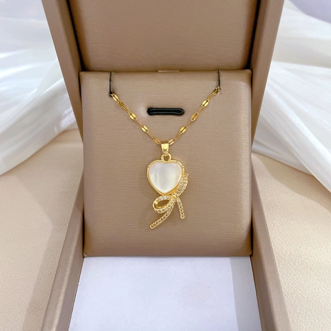 Heart Mother Of Artificial Pearl Bowknot Pendant Necklace With Stainless Steel Chain And Copper Micro Inlaid Zircon For Women Elegant Luxury