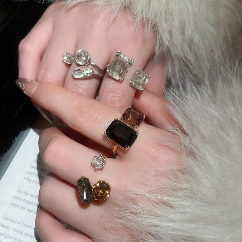 Geometric Open Ring Copper Zircon Colorful Crystal Adjustable Retro Luxury Oversized Jewelry For Women