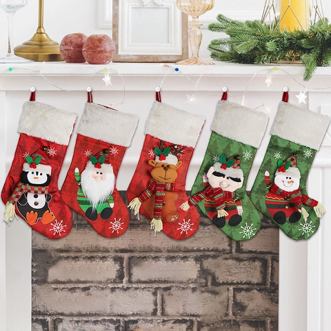 Christmas Stockings Gift Bags Knitted Plush Burlap With Bell 3D Cartoon Santa Snowman Reindeer Penguin Elf Ornament