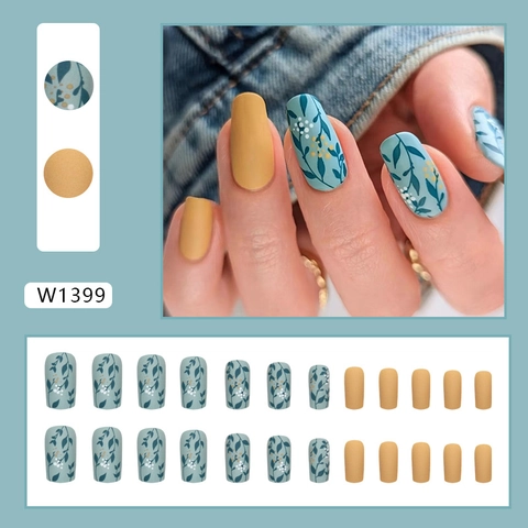 Unghie Finte Opache Motivo Floreale Foglie Forma Quadrata Ovale Unghie Artificiali Stile Vintage Elegante Decorazione Manicure