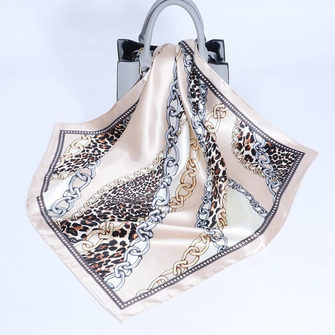 Elegant Square Scarf Leopard Chain Print Satin Polyester Headscarf For Women Neck Hair Bag Accessory Retro