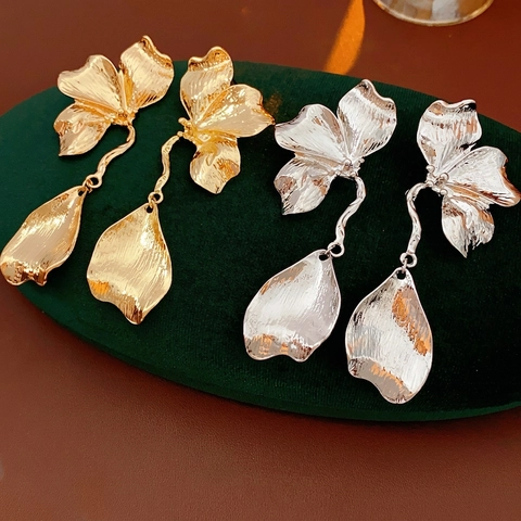 Blumen Tropfenohrringe Mit 925 Sterling Silber Ohrstecker Übertriebene Metallblütenblatt Strukturierte Große Ohrhänger