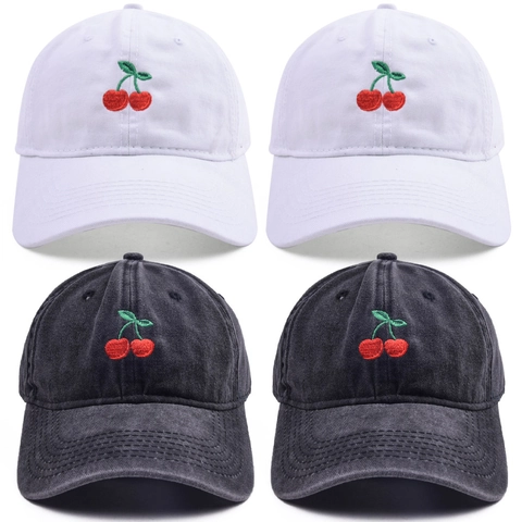 Baseball Cap Washed Cotton Cherry Embroidery Adjustable Retro Distressed Casual Sun Hat For Women Men