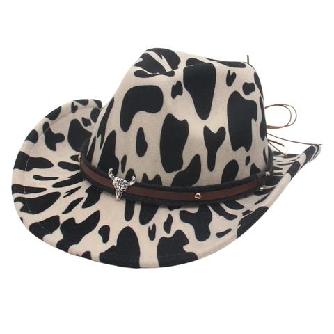 Cappello Da Cowboy Stampa Mucca Feltro Fedora Con Fascia Ecopelle Testa Toro Metallo Borchie Accessorio Moda