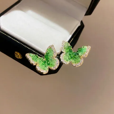 Orecchini A Lobo Farfalla Con Cristallo Verde E Zircone Placcati In Oro 18K Gioielli Eleganti Con Perno In Argento Per Donna