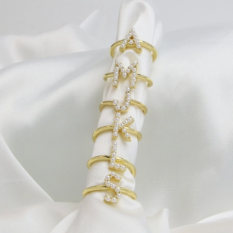 Elegant 18K Gold Plated Brass Artificial Pearl Alphabet Initial Open Ring Minimalist Adjustable Jewelry For Women