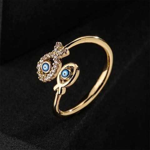 Evil Eye Double Fish Open Ring Copper Gold Plated Zircon Adjustable Geometric Finger Jewelry For Women