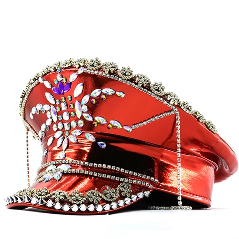 Red Rhinestone Captain Hat Punk Laser Faux Leather Rivet Sequin Sparkly Party Performance Stage Hat For Women