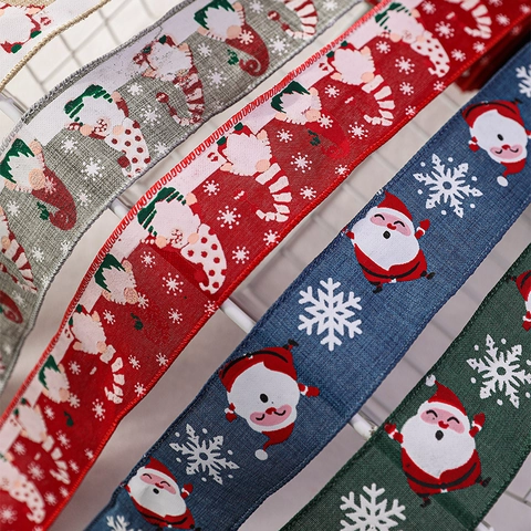 Rouleaux De Ruban De Noël Imitation Lin Toile De Jute Père Noël Gnome Imprimé Flocons De Neige Décoration De Sapin