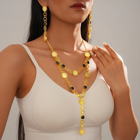Gioielli Stile Palazzo Retro Oro Lega Pendente Moneta Collana Lunga A Strati E Orecchini Pendenti Con Perno In Argento