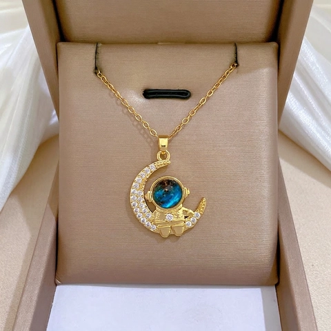 Collier Pendentif Astronaute Lune Avec Chaîne En Acier Inoxydable Cuivre Zircone Cubique Bijoux De Luxe Pour Femmes