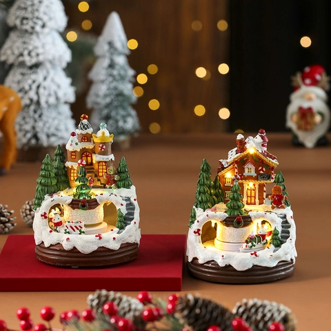 Weihnachts Musikornament Rotierender Zug Lebkuchenhaus Harz LED Leuchtend Schneeszene Desktop Dekoration Feriengeschenk