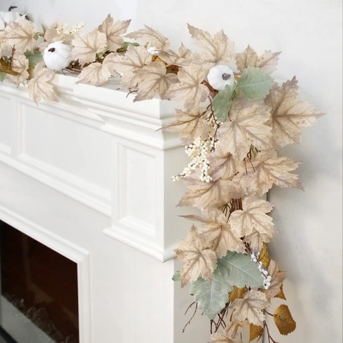 Artificial Maple Leaf Garland With White Pumpkins Berries Satin Plastic Thanksgiving Harvest Fall Decor Mantle Fireplace Home