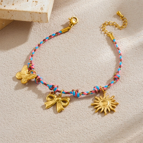 Stainless Steel Bracelet Colorful Woven Cord For Women Butterfly Bow Sun Gold Plated Pendants Bohemian Style Adjustable