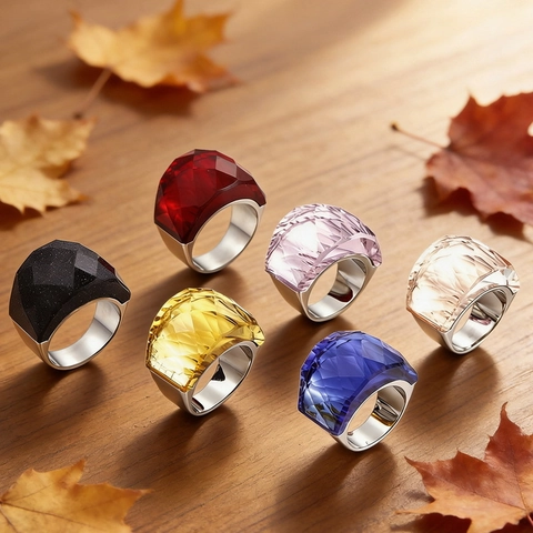 Gefacetteerde Kristallen Cocktail Ring Titanium Roestvrij Staal 18K Verguld Overdreven Geometrische Mode Sieraden Unisex