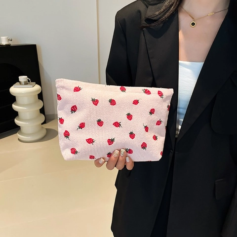 Bolso De Pana Con Estampado De Fresas Organizador De Cosméticos Bolsa De Almacenamiento Cremallera Dulce Mujer