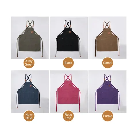 Thickened Canvas Work Apron Waterproof Gardening Coffee Barista With Leather Straps Multi Pockets Unisex Solid Color