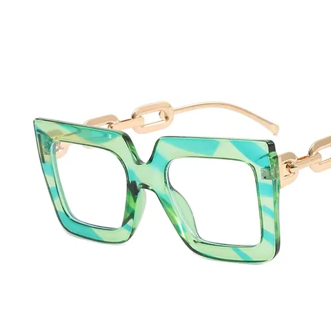 Square Anti Blue Light Glasses Fashion Oversized PC Frame Metal Chain Temples Clear Lens Eyewear For Women