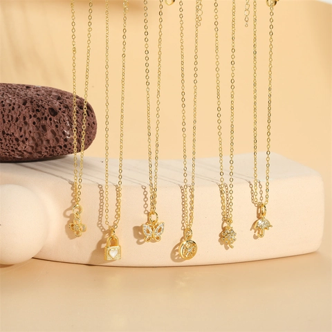 Collier Pendentif Papillon Fleur Zircon Cuivre Plaqué Or 14K Cœur Serrure Émail Bijoux Délicats Pour Femmes Élégant