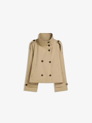 Women Short Trench Coat Double Breasted Waist Tie Stand Collar Slim Fit Long Sleeve Jacket Outwear