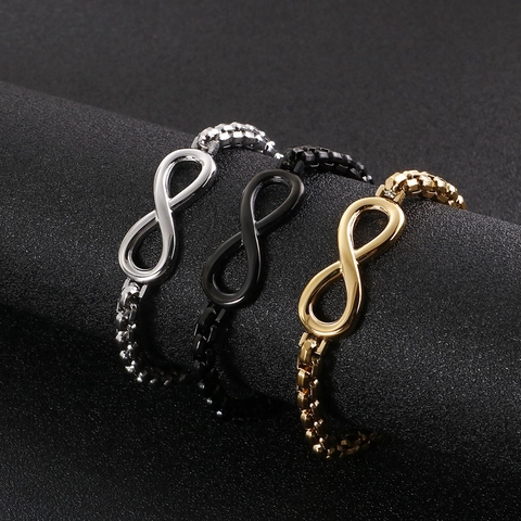 Men Infinity Symbol Bracelet Stainless Steel Box Chain Jewelry Unique Simple Hip Hop Style 18K Gold Plated