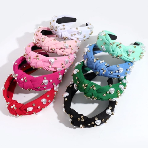 Knotted Wide Headband Fabric With Heart Faux Artificial Pearl Rhinestone Decoration Non-Slip Elegant Hair Accessories For Women