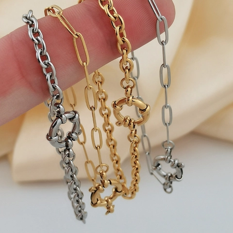 Pulsera de Cadena de Eslabones de Clip de Acero Inoxidable para Mujer Bañado en Oro 18K Elegante Joyería con Cierre