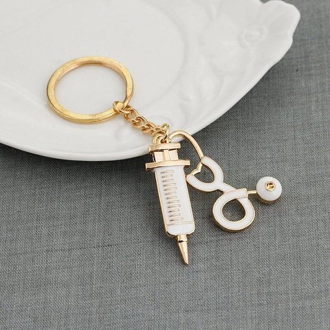 Zinklegering Medische Sleutelhanger Met Stethoscoop En Spuit Hangers Goud Wit Emaille Cadeau Voor Verplegers En Artsen