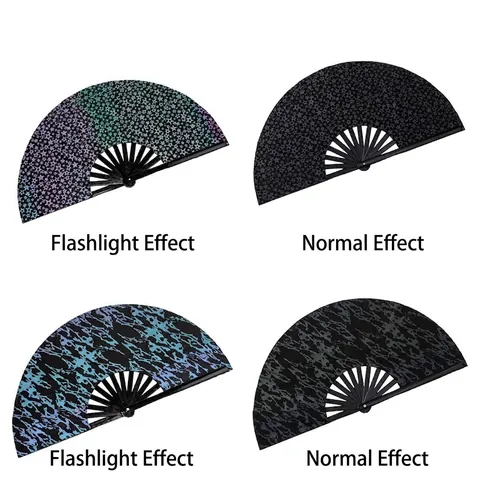 Reflective Folding Hand Fan Bamboo Ribs Holographic Fabric Cool Performance Party Dance Kung Fu Style Festival Rave
