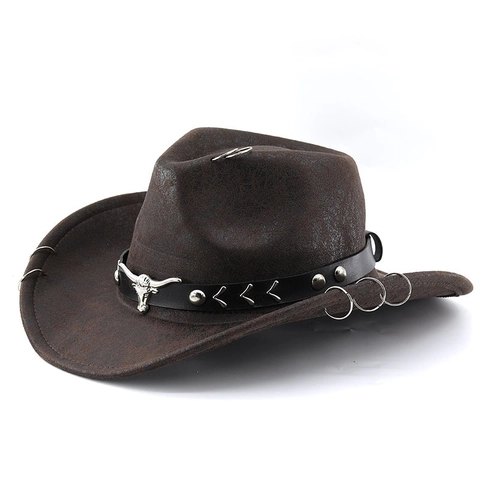 Cappello Da Cowboy Occidentale Ecopelle Testa Di Toro Anello In Metallo Decorativo Tesa Larga Vintage Retrò Per Uomo Donna