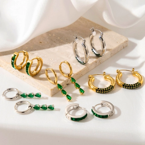 Elegante Hoops Hanger Oorbellen Roestvrij Staal Groene Zirkonia Geometrische Traan Goud Zilver Verguld Voor Dames