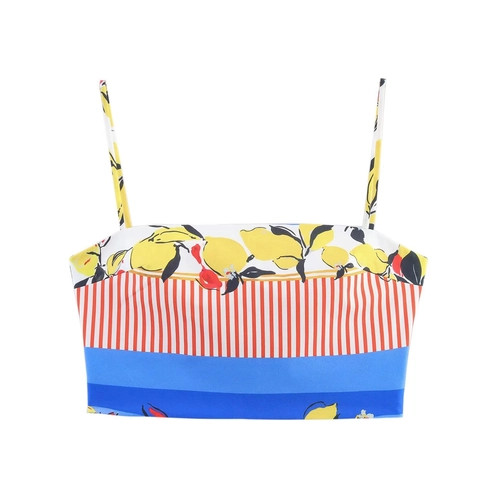 Damen Zitronendruck Crop Top Und Gestreifter Patchwork Rock Zweiteiler Set Sommer Lässig Ärmellos Strand Party Outfits