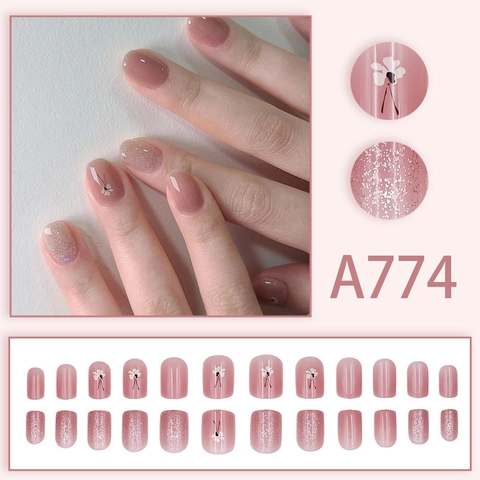 Press On Nails Short Square Pink Nude Glossy Silver Glitter White Flower Pattern Full Cover Artificial False Nails Manicure For Women