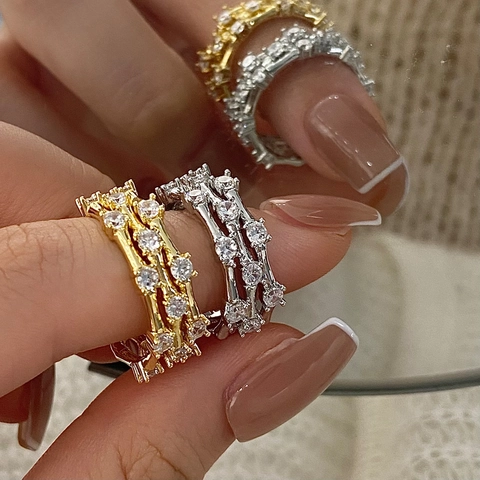 Adjustable Multi Layer Ring For Women Copper Zircon Shiny Vine Branch Geometric Exquisite Jewelry