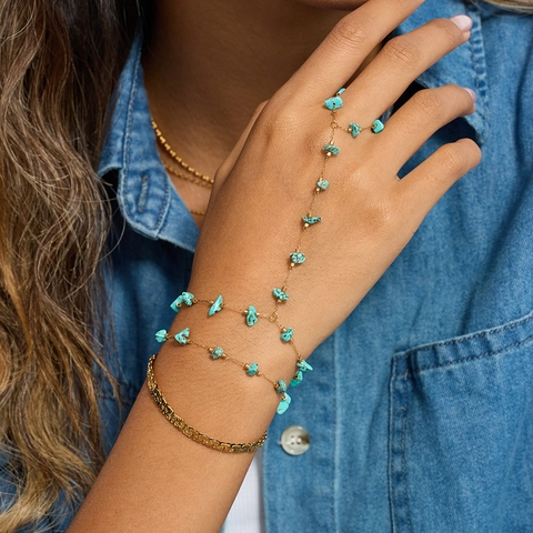 Bracciale Schiava In Pietra Naturale Turchese Acciaio Inossidabile Catena Per Mano Con Anello Gioielli Boho Esotici Per Donna
