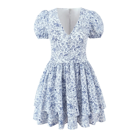 Floral Mini Dress Polyester V-Neck Puff Sleeve French Style Vacation Summer Blue White For Women