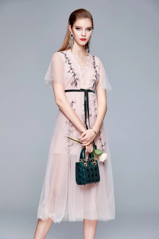 Elegante Abito In Tulle Rosa Ricamato Con Fiori Scollo A V Maniche Corte Midi Linea A Abito Da Festa Donna Con Cintura