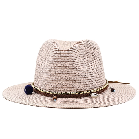 Straw Fedora Hat Bohemian Cowboy Sun Hat Breathable Beach Vacation Tassel Shell Bead Decor Women Men Kids