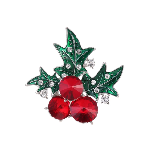Christmas Holly Berry Brooch Pin Zinc Alloy Green Enamel Red Rhinestone Fruit Leaf Pin Festive Suit Coat Corset Accessories
