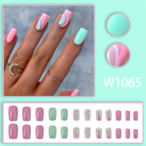 Unghie Finte Ondulate Rosa E Verde Menta Quadrate Stile Dopamina Manicure Elegante Decorazione Artistica Per Mani