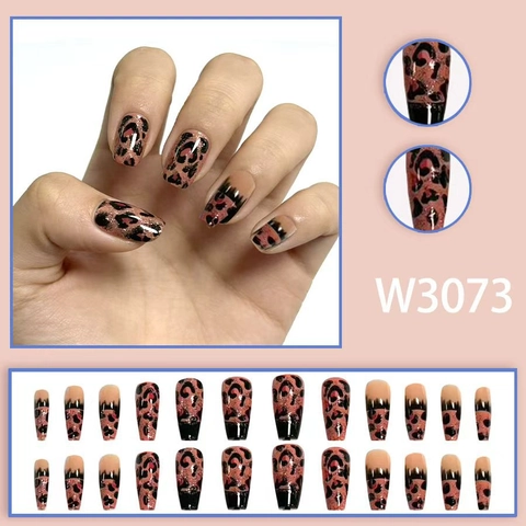 Leopard Print Press On Nagels Lang Coffin Roze Glitter Gradiënt French Kunstnagels Dames Met Lijm