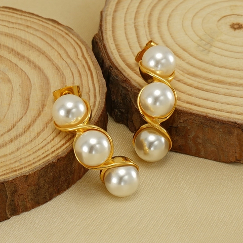 Pendientes De Perlas Artificiales Elegantes Acero Inoxidable Chapado En Oro 18K Diseño Espiral En S Joyería Chic Mujer