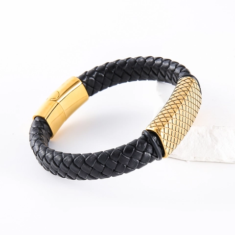 Bracciale Da Uomo In Pelle Intrecciata Con Chiusura Magnetica In Acciaio Inossidabile 304 Placcato Oro Trama A Griglia